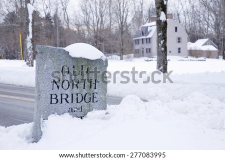 Stone sign for the Old North Bridge, Concord, Ma., New England, USA, the historical site of the Battle of Concord, the first day of battle in the American Revolutionary War
