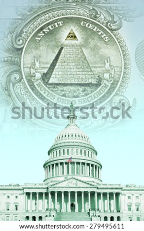 Digital composite: U.S. Capitol with money
