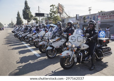 Los Angeles, California, USA, January 19, 2015, 30th annual Martin Luther King Jr. Kingdom Day Parade, motorcycle policemen in line