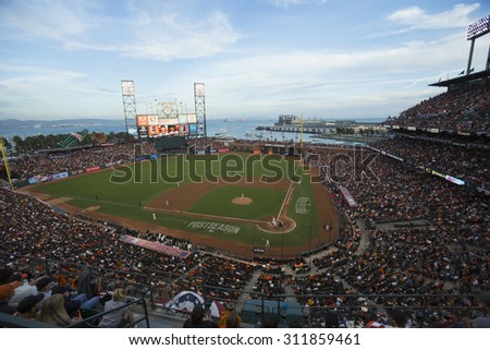 San Francisco, California, USA, October 16, 2014, AT&T Park, baseball stadium, SF Giants versus St. Louis Cardinals, National League Championship Series (NLCS), crowd watches game elevated view