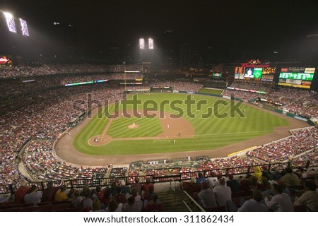 In a night game and a light rain mist, the Florida Marlins beat the 2006 World Series Champion baseball team, the St. Louis Cardinals 9 to 1, at Busch Stadium, St. Louis, Missouri on August 29, 2006