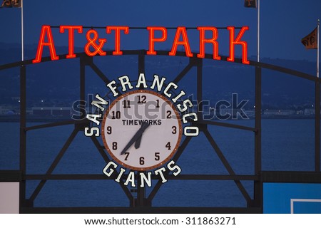 San Francisco, California, USA, October 16, 2014, AT&T Park, baseball stadium, SF Giants versus St. Louis Cardinals, National League Championship Series (NLCS), AT&T Park neon and clock