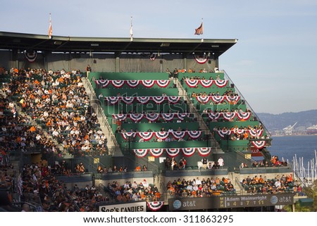 San Francisco, California, USA, October 16, 2014, AT&T Park, baseball stadium, SF Giants versus St. Louis Cardinals, National League Championship Series (NLCS), press box and flag bunting