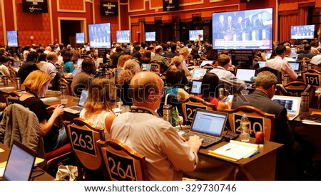 LAS VEGAS, NV - OCTOBER 13: Democratic presidential debate press filing room where media filing news stories for 2016 Presidential Election, Wynn, Las Vegas, NV