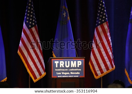 LAS VEGAS NEVADA, DECEMBER 14, 2015: podium for Republican presidential candidate Donald Trump campaign event, Westgate Las Vegas Resort & Casino the day before the CNN Republican Presidential Debate