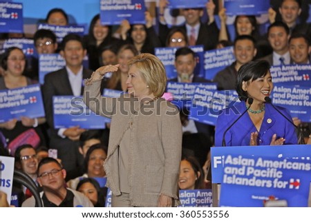 SAN GABRIEL, LA, CA - JANUARY 7, 2016, Democratic Presidential candidate Hillary Clinton surveys crowd at Asian American and Pacific Islander (AAPI) event, including Democrat Representative Judy Chu.