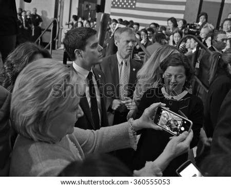 SAN GABRIEL, LA, CA - JANUARY 7, 2016, Democratic Presidential candidate Hillary Clinton poses for iPhone Selfie at the Asian American and Pacific Islander (AAPI) members
