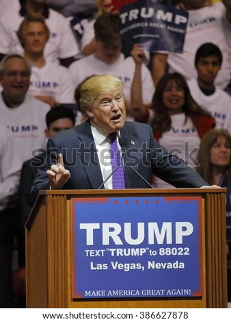 LAS VEGAS, NV - FEBRUARY 22: Republican 2016 presidential candidate Donald Trump speaks at a rally at the South Point Hotel & Casino on February 22, 2016 in Las Vegas, Nevada.