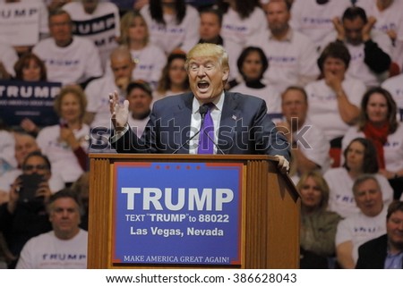 LAS VEGAS, NV - FEBRUARY 22: Republican 2016 presidential candidate Donald Trump speaks at a rally at the South Point Hotel & Casino on February 22, 2016 in Las Vegas, Nevada.