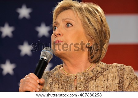 LOS ANGELES, CA - APRIL 16, 2016: US Democratic Presidential candidate Hillary Clinton smiles while campaigning at Southwest College, Los Angeles, CA