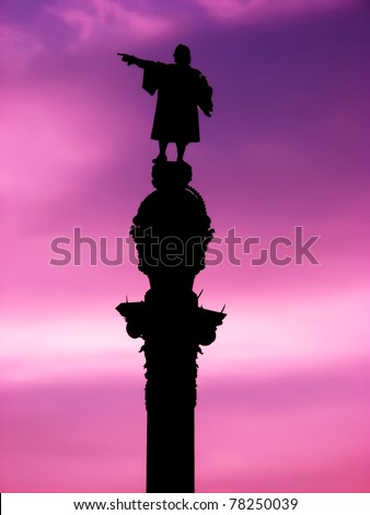 Barcelona Christopher Columbus statue over purple sunset