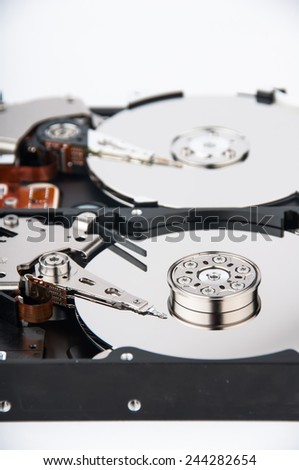 Inside photo of hard disk drive - closeup view