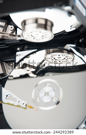 Inside photo of hard disk drive - closeup view