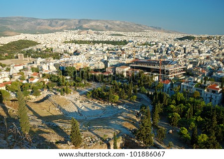 View from Acropolis towards Theater of Dionysus and new Acropolis Museum , Athens , Greece