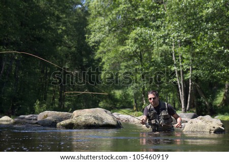 Dry fly fishing. Fly fishermen in a French trout river. Fly fishing casting scene