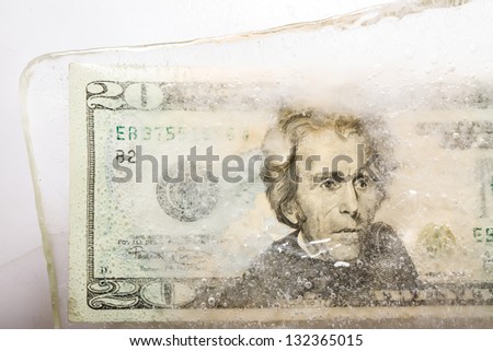 frozen money twenty dollars portrait of the president sharply