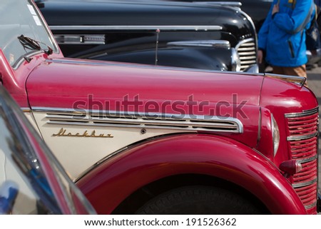Belarus,April ,03,2014:International Festival of retro auto Minsk. Old steering wheel and dashboard vintage car