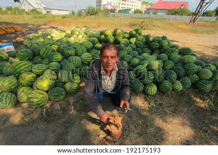 Ukraine, August 17, 2012: An unidentified fruit seller on the road between Odessa and Zatoka