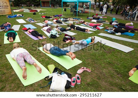 Celebration Yoga Festival in Minsk Gorky Park. Belarus, Minsk, June 21, 2015