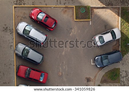 Cars in the parking lot view from above. Belarus, Minsk, October 29, 2015