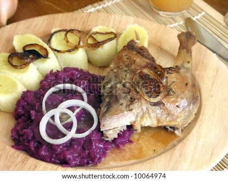Czech food - roast duck with dumpling and red cabbage