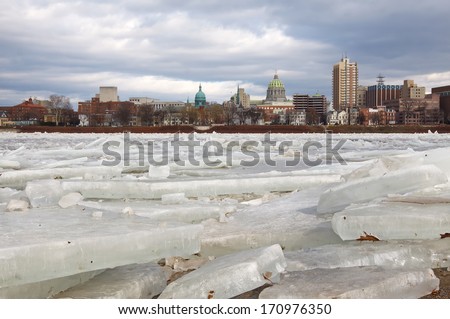 Ice breaking up on the Susquehanna River in Harrisburg, Pennsylvania, USA.