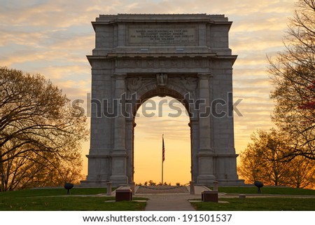 The National Memorial Arch monument dedicated to George Washington and the United States Continental Army.This monument is located at Valley Forge National Historical Park in Pennsylvania,USA.
