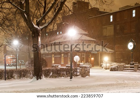 Snow falling at the old railroad station in Lititz, Pennsylvania.This building is now the town vistor center.