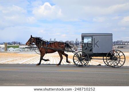 An Amish Carriage travels in snow covered rural Lancaster County, Pennsylvania, USA.