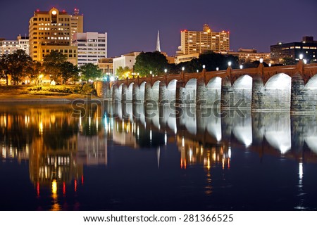 Harrisburg, Pennsylvania and the historic Market Street Bridge reflected on the Susquehanna River at night.