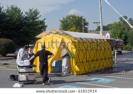 EPHRATA,PA-SEPTEMBER 25:Healthcare staff and volunteers train for mass decontamination on September 25,2010 at Ephrata Community Hospital in Ephrata,Pennsylvania,USA.