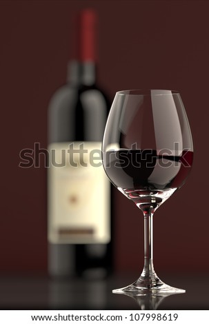 Out of focus Bottle of red wine with dark glass on bottom and top reflective.