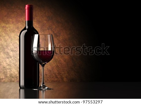 Bottle of red wine with dark glass on bottom and top reflective.