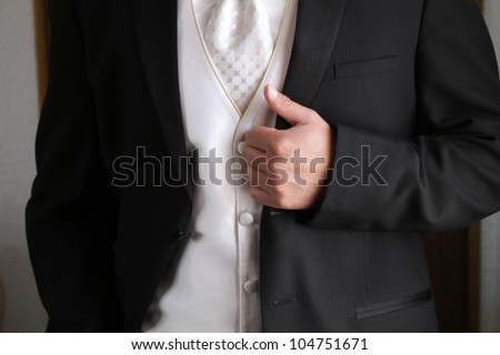 Tuxedo / Standing groom in a black tuxedo. Image was taking during a wedding.