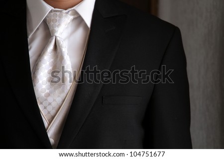 Tuxedo / Standing groom in a black tuxedo. Image was taking during a wedding.