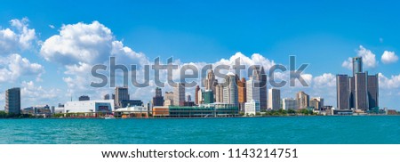 Panoramic view of Detroit skyline at daytime from Windsor, Ontario.