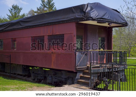 Detail of vintage train wagon on old railroad station. Taken at sulphur springs, Ontario, Canada