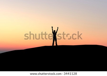 Silhouette of a man with open arms over sunset background - freedom feeling