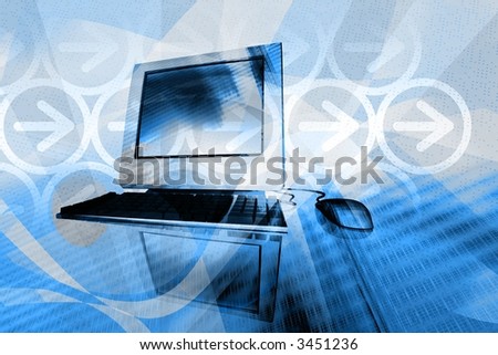IT technology business -desktop computer with abstract design elements in blue background