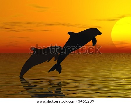 Couple of dolphins swimming in sunset background - 3d render illustration
