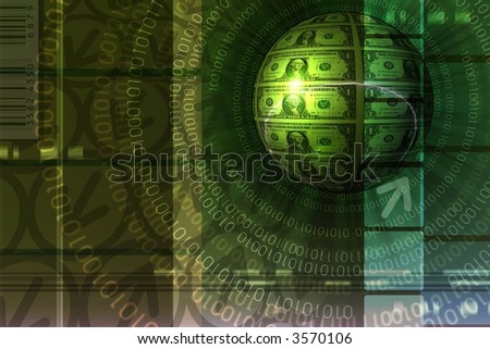 Financial concept background in green with binary data leaks and dollar bill