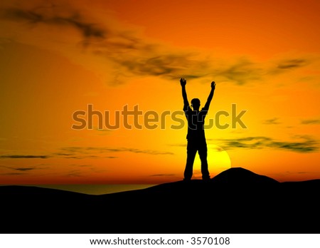 Silhouette of a man with open arms over sunset background - freedom feeling