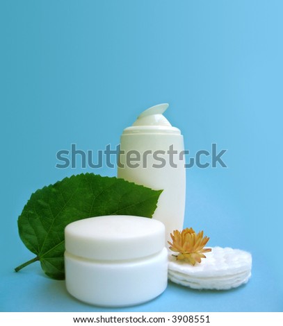 Blank natural skin care and beauty elements with green leaf