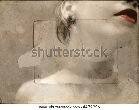 Vintage glamour - Sexy red lips in aged sepia paper background