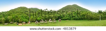 Tropical vegetation panorama with mountains and rustic cabins