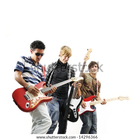 Young trendy team playing electric bass and guitars - isolated