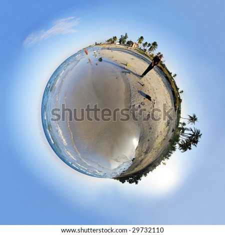 View of tropical beach micro sphere with coconut palm trees