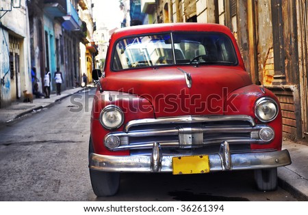 stock photo Classic vintage american car parked in the street of Old 