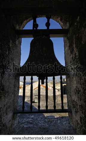 Vintage bell silhouette in colonial building against old Havana cityscape.