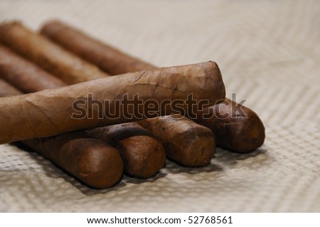 Bunch of typical handmade cuban cigars with soft focus